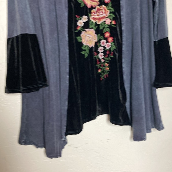 Embroidered Velvet & Stretch Cotton Scoop Neck Long Sleeve Extra Long Top M/L - Picture 8 of 11
